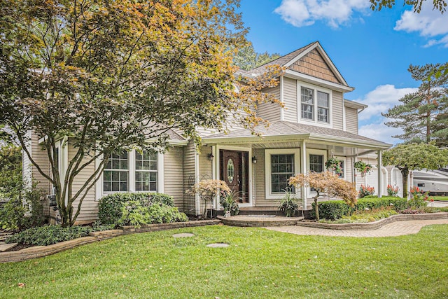 view of front of home featuring covered porch and a front yard