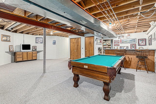 recreation room with bar, carpet, and pool table