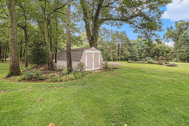 view of yard featuring a storage shed