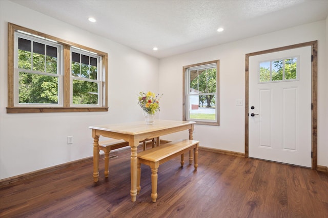 dining area featuring a textured ceiling and dark hardwood / wood-style floors