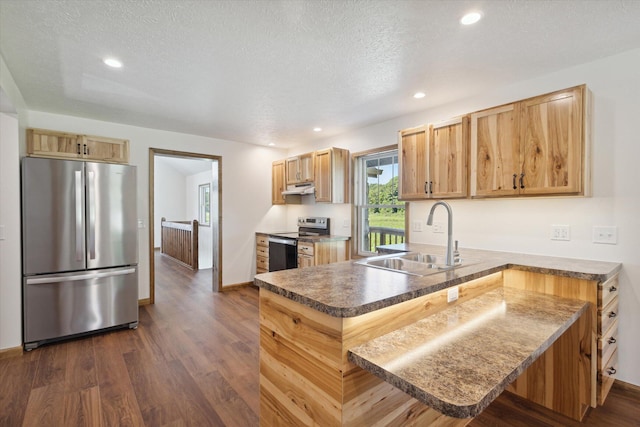 kitchen featuring sink, stainless steel appliances, dark hardwood / wood-style floors, kitchen peninsula, and a textured ceiling