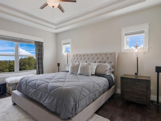 bedroom with ceiling fan, a raised ceiling, dark wood-type flooring, and multiple windows