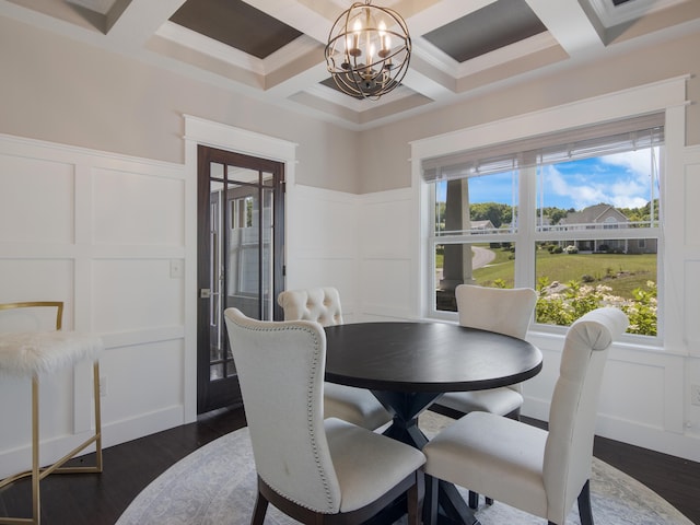 dining area with beam ceiling, dark wood-type flooring, coffered ceiling, and a notable chandelier