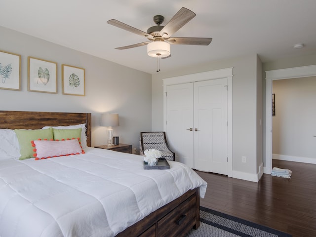 bedroom featuring ceiling fan, dark wood-type flooring, and a closet