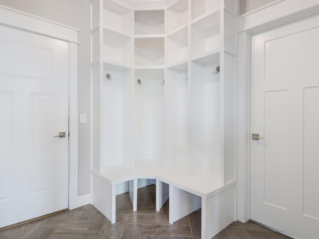 mudroom featuring parquet floors