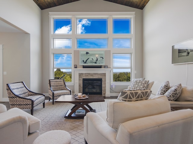 living room with high vaulted ceiling