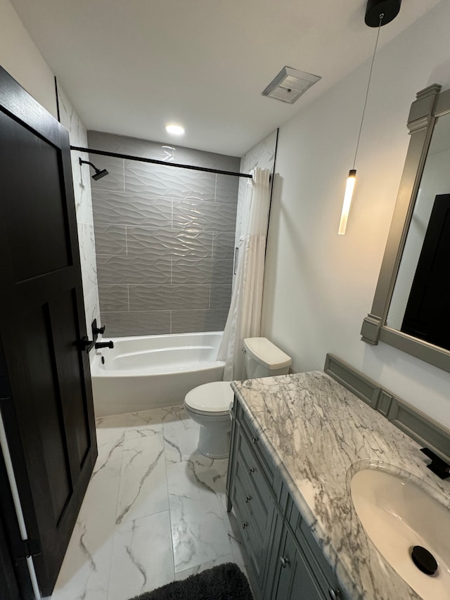 full bathroom with toilet, vanity, and shower / bathtub combination with curtain