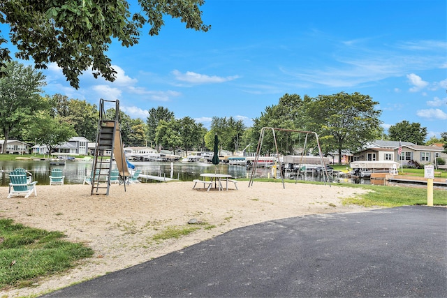 view of play area featuring a water view