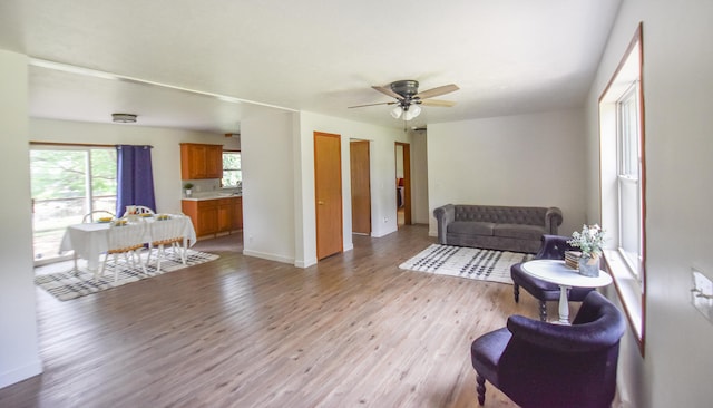 living room featuring ceiling fan and light hardwood / wood-style floors