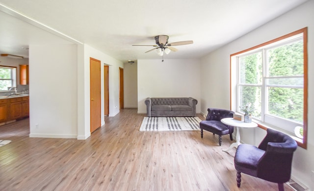 sitting room featuring light wood-type flooring, ceiling fan, and sink