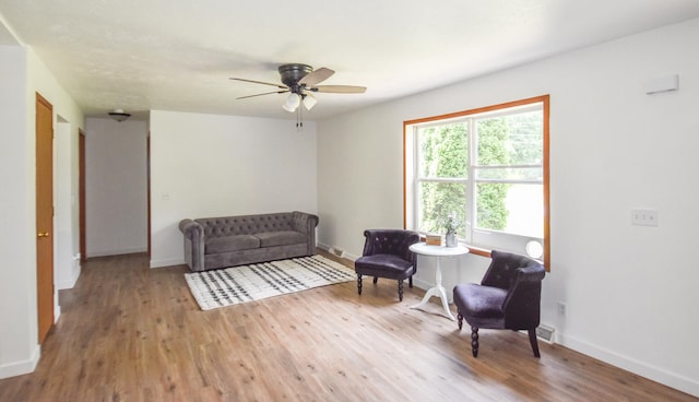 living area featuring ceiling fan and wood-type flooring