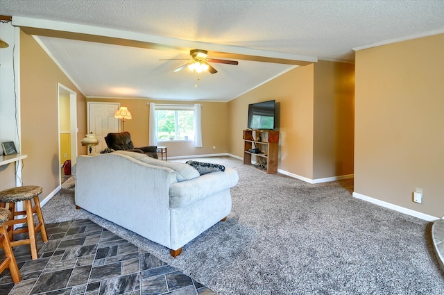 living room featuring lofted ceiling, ceiling fan, a textured ceiling, and dark colored carpet