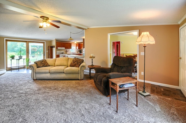 carpeted living room with beam ceiling, crown molding, ceiling fan, and a textured ceiling