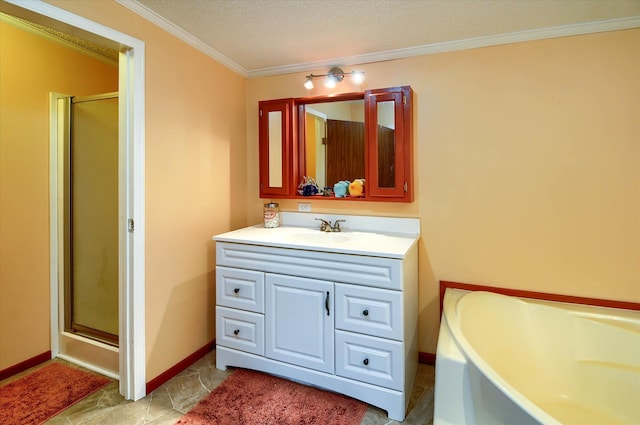 bathroom featuring vanity, crown molding, tile patterned flooring, separate shower and tub, and a textured ceiling