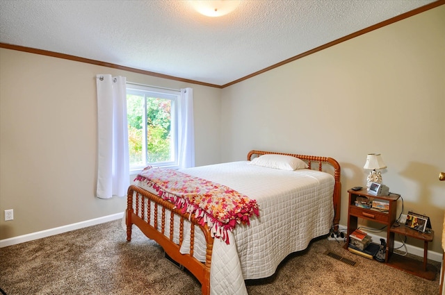 carpeted bedroom featuring crown molding and a textured ceiling