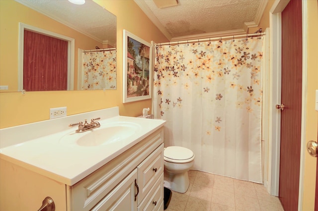 bathroom with vanity, a textured ceiling, toilet, and ornamental molding