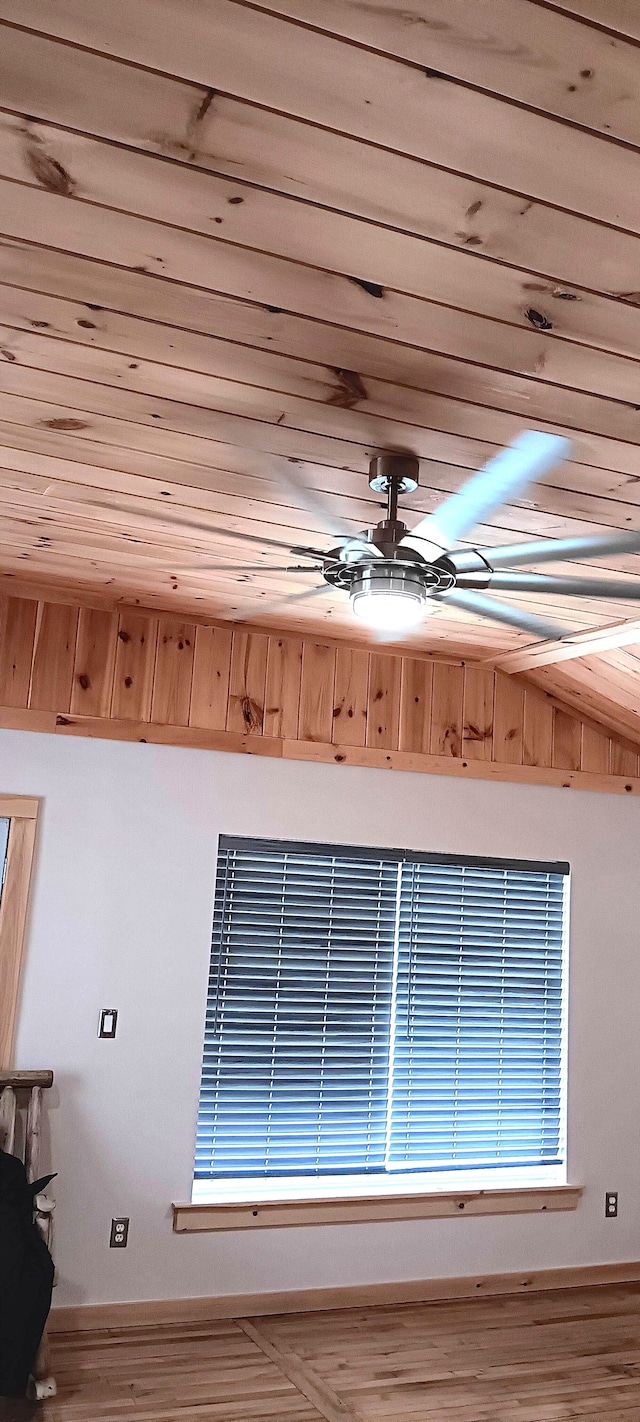 interior details with hardwood / wood-style floors, ceiling fan, and wood ceiling