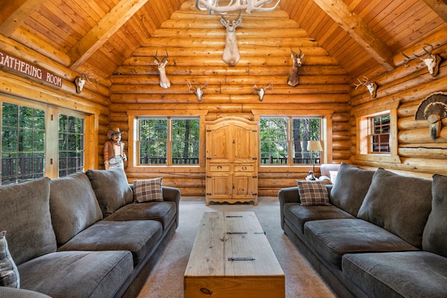 carpeted living room with beam ceiling, wooden ceiling, and rustic walls