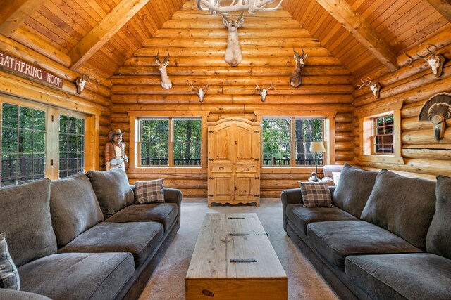 11245 Guyn Dr, Brighton, MI 48114 - carpeted living area featuring high vaulted ceiling, wood ceiling with exposed beams, plenty of natural light, and log walls