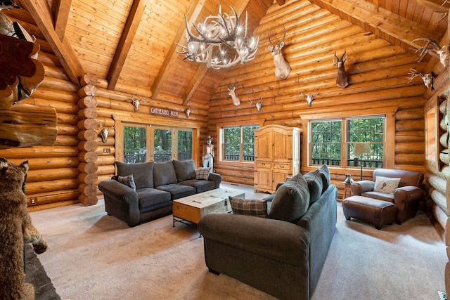 carpeted living room with wooden ceiling, high vaulted ceiling, an inviting chandelier, log walls, and beamed ceiling