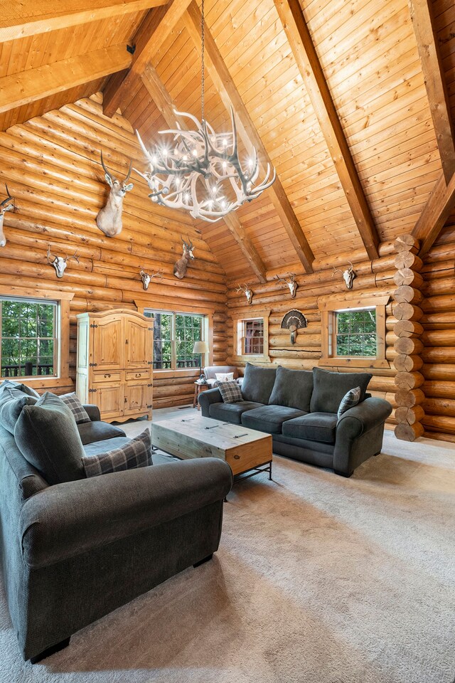 11245 Guyn Dr, Brighton, MI 48114 - living room with wooden ceiling with exposed beams, rustic walls, a chandelier, carpet, and high vaulted ceiling