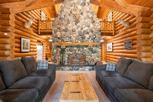 carpeted living room with beam ceiling, a stone fireplace, log walls, and wood ceiling