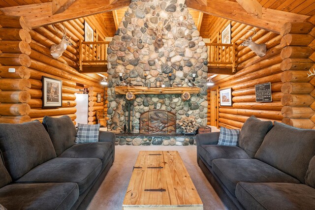 11245 Guyn Dr, Brighton, MI 48114 - carpeted living room featuring wooden ceiling with exposed beams, a high ceiling, and log walls