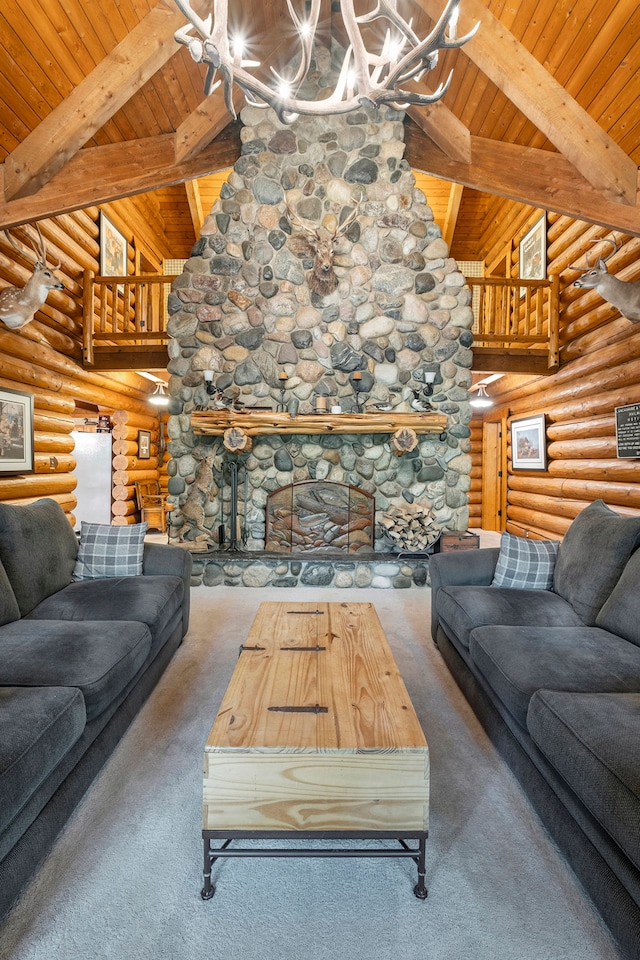 carpeted living room with log walls, beamed ceiling, and wooden ceiling