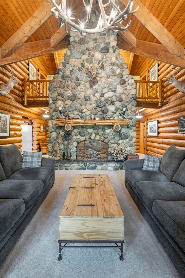11245 Guyn Dr, Brighton, MI 48114 - living room with wood ceiling with exposed beams, rustic walls, a chandelier, high vaulted ceiling, and carpet flooring