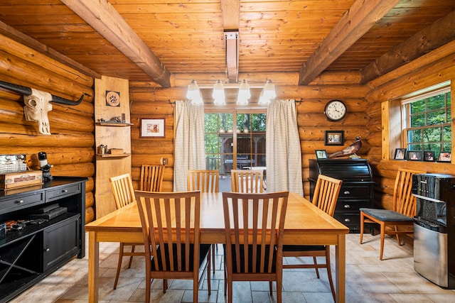 dining space with beam ceiling, a wealth of natural light, and wood ceiling