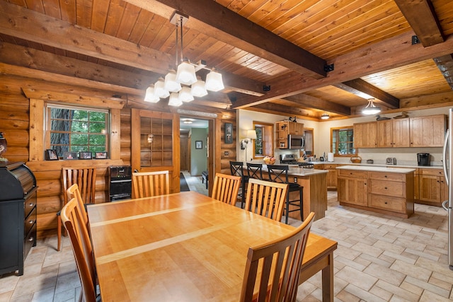 dining room featuring beamed ceiling, rustic walls, a notable chandelier, and wood ceiling