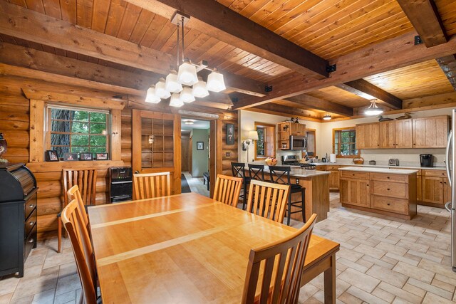 11245 Guyn Dr, Brighton, MI 48114 - dining room with wood ceiling with exposed beams, a chandelier, light stone finish flooring, and log walls