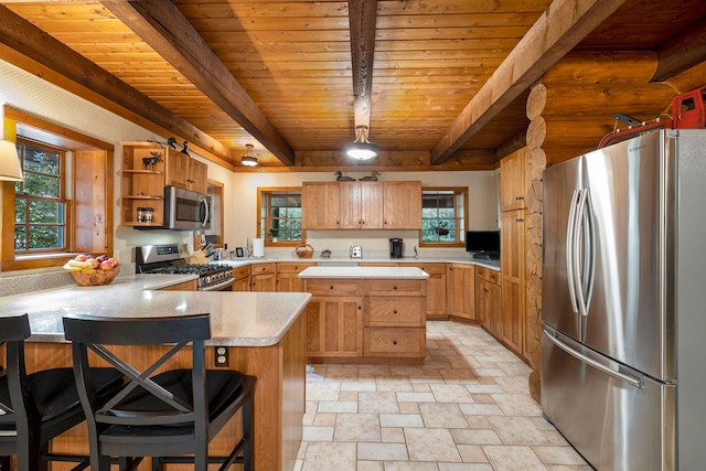 kitchen with beamed ceiling, a breakfast bar, kitchen peninsula, and appliances with stainless steel finishes