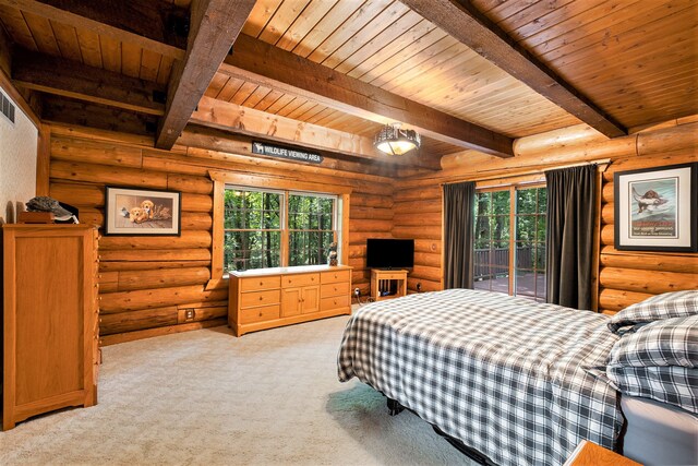 11245 Guyn Dr, Brighton, MI 48114 - bedroom featuring wood ceiling with exposed beams, multiple windows, light carpet, log walls, and access to exterior