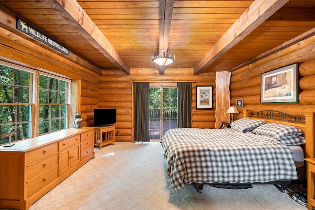 bedroom with beam ceiling, wood ceiling, access to outside, and log walls