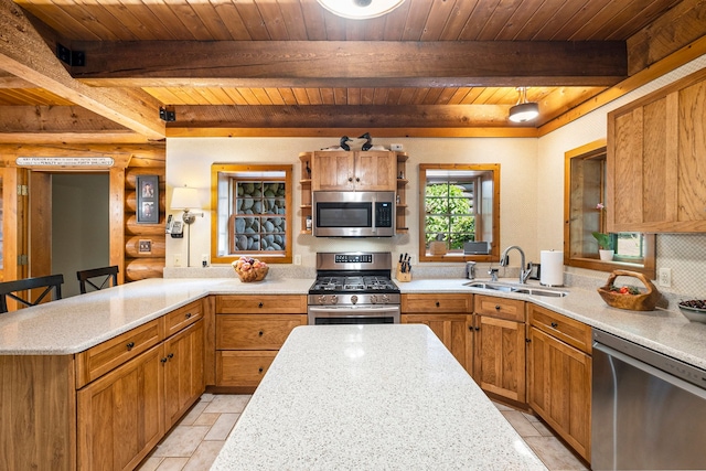 kitchen featuring a kitchen bar, wood ceiling, decorative light fixtures, and appliances with stainless steel finishes