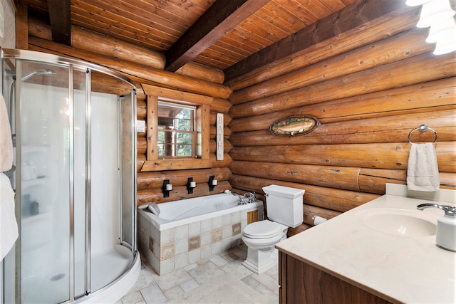 full bathroom with vanity, wooden ceiling, toilet, rustic walls, and independent shower and bath