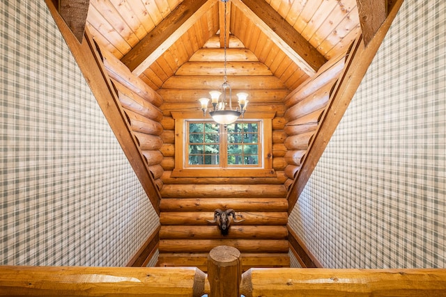 details featuring log walls, beam ceiling, a chandelier, and wooden ceiling