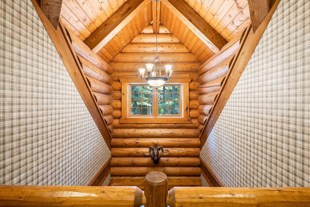 11245 Guyn Dr, Brighton, MI 48114 - detailed view of wallpapered walls, log walls, wood ceiling with exposed beams, a chandelier, and baseboards