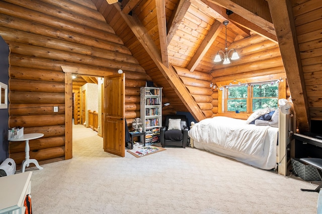 carpeted bedroom with rustic walls, lofted ceiling with beams, wood ceiling, and a notable chandelier