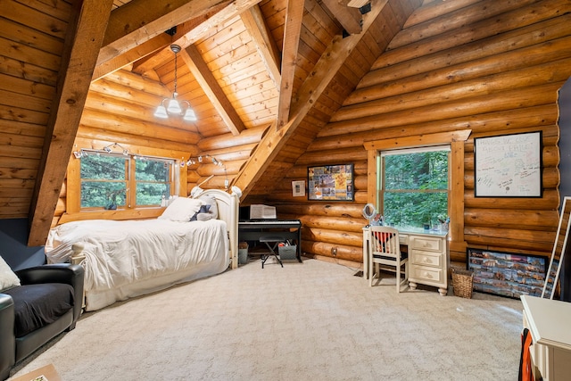 bedroom featuring rustic walls, an inviting chandelier, lofted ceiling with beams, carpet, and wood ceiling