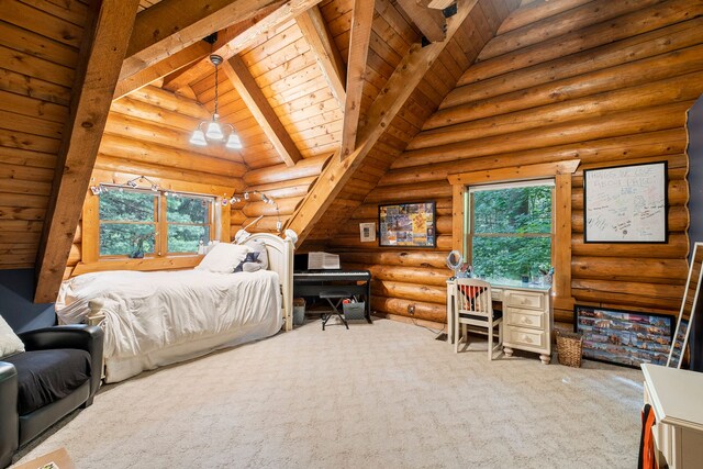 11245 Guyn Dr, Brighton, MI 48114 - carpeted bedroom with log walls, wood ceiling with exposed beams, and high vaulted ceiling