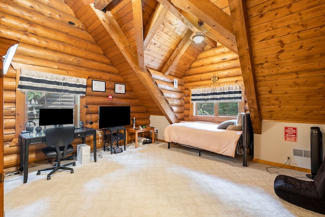 bedroom featuring light carpet, vaulted ceiling with beams, rustic walls, and wooden ceiling