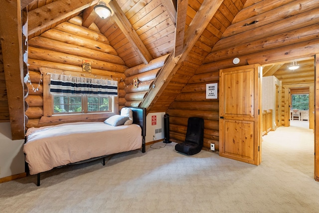 carpeted bedroom featuring multiple windows, log walls, and wood ceiling