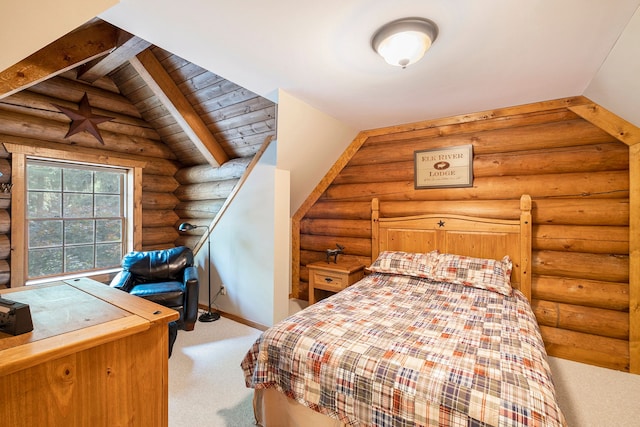 bedroom featuring carpet flooring, log walls, and lofted ceiling with beams