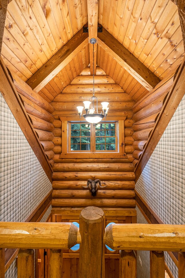 11245 Guyn Dr, Brighton, MI 48114 - detailed view of wood ceiling with exposed beams, rustic walls, a chandelier, and wallpapered walls