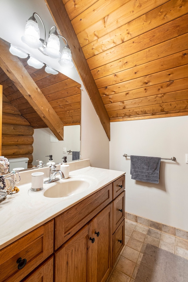 bathroom featuring lofted ceiling with beams, vanity, wood ceiling, and toilet