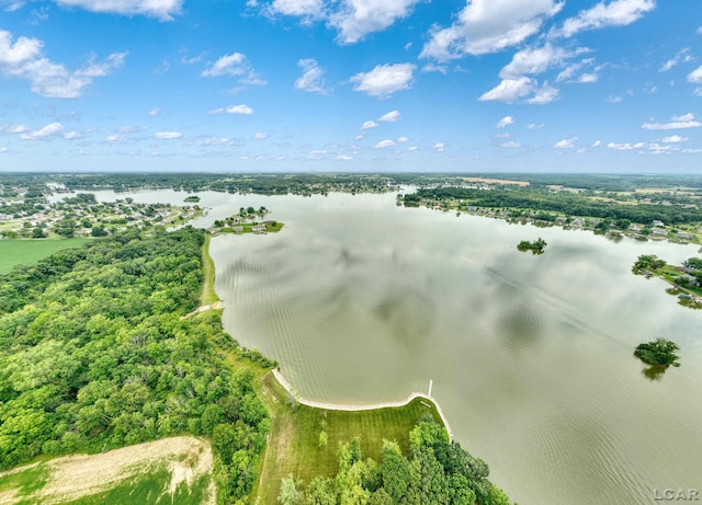 bird's eye view with a water view