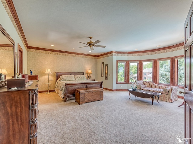 bedroom with light carpet, ceiling fan, and ornamental molding