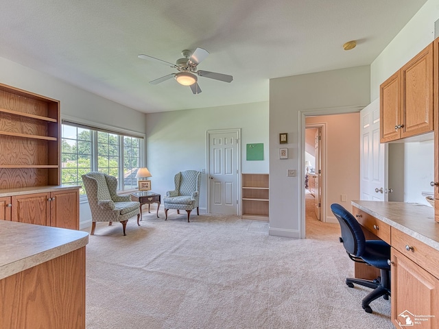 carpeted office space featuring ceiling fan